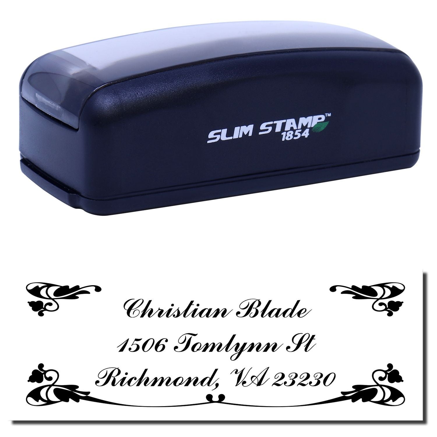 Custom self-inking address rubber stamp with decorative flourishes, Slim Stamp 1854, featuring name and Richmond, VA address.
