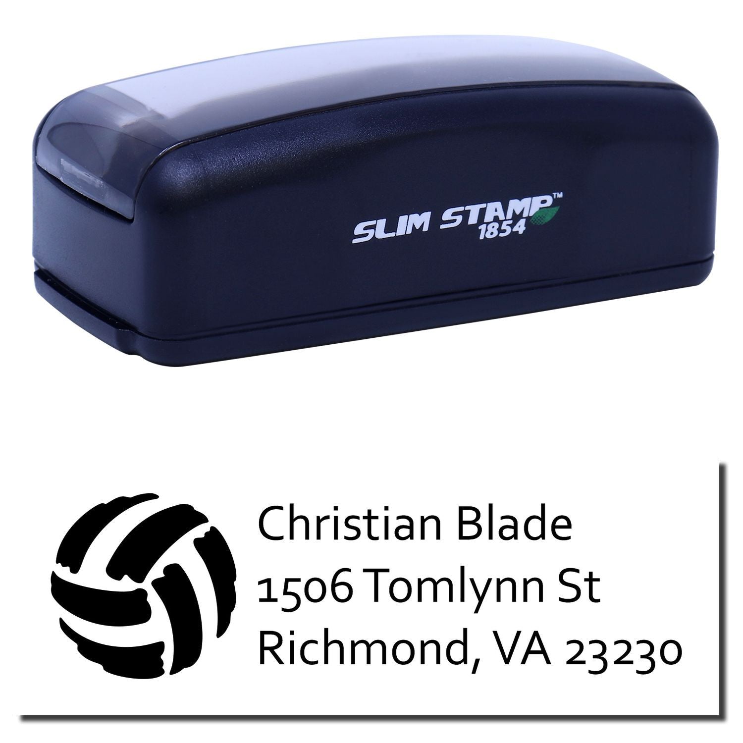 Custom self-inking address rubber stamp with logo, featuring Christian Blade, Richmond, VA imprint.