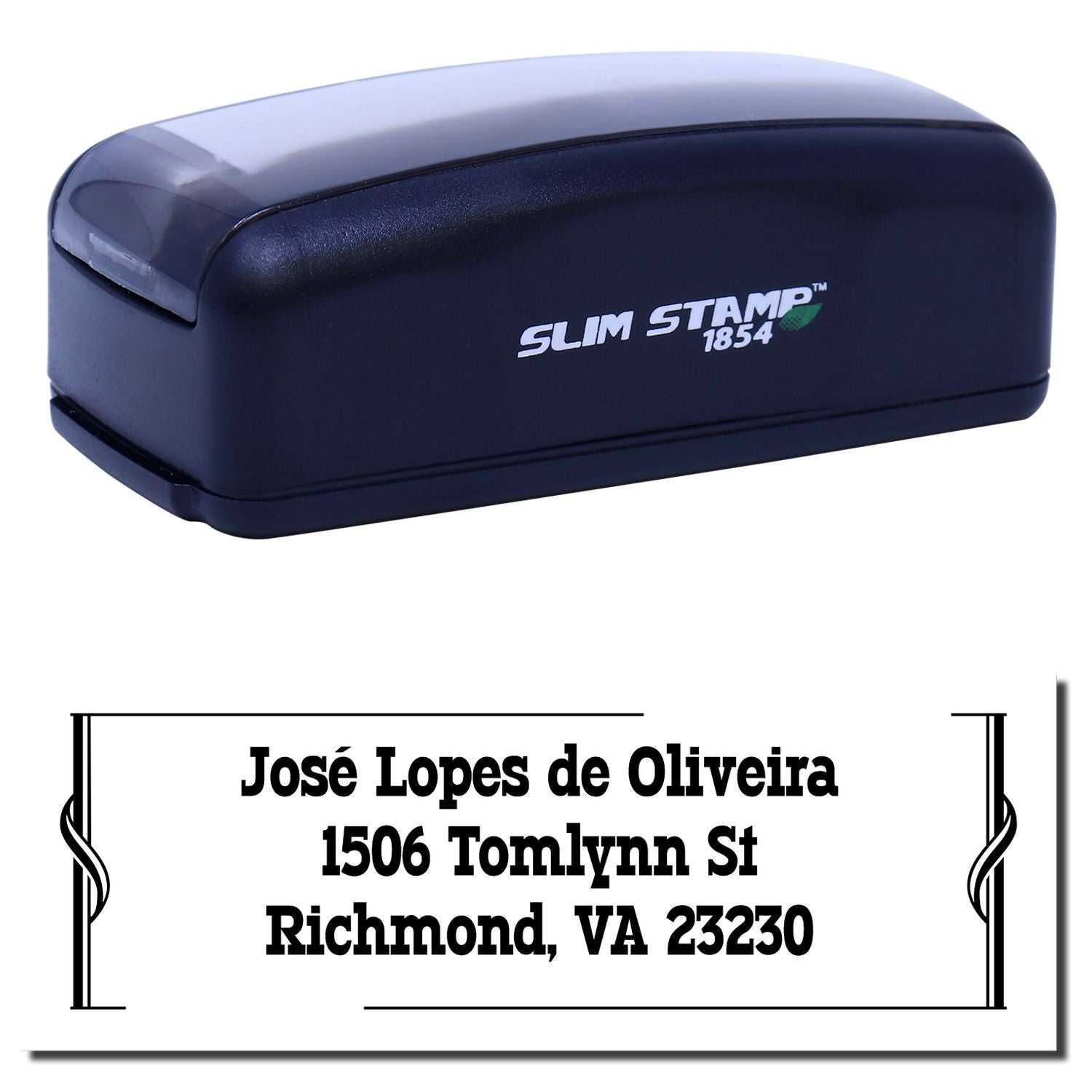 Custom self-inking Slim Stamp 1854 rubber stamp with personalized address imprint for mail, business, and office use.