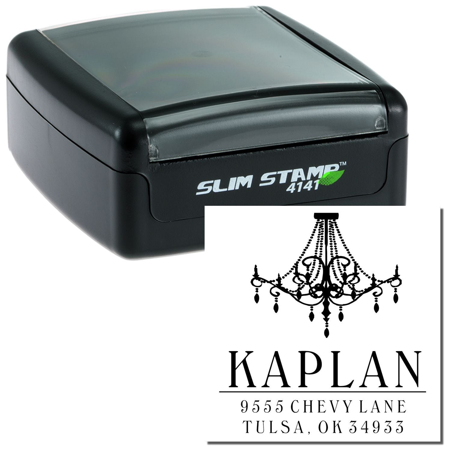 Slim Stamp 4141 ink stamp device with Kaplan Tulsa, OK 34963 logo for home or business branding
