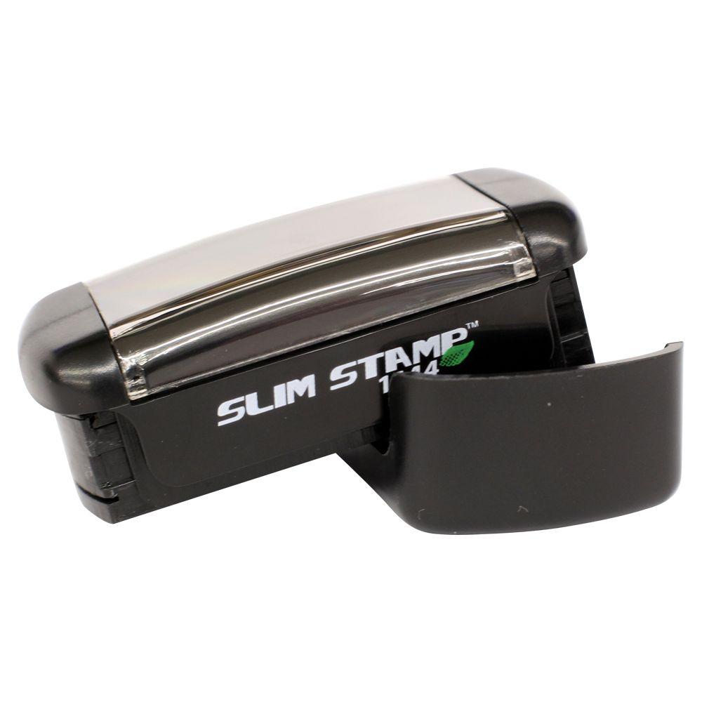 Black Slim Stamp self-inking rubber stamp with protective cover, ideal for office and business use
