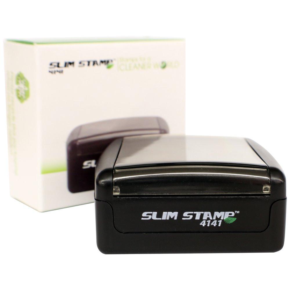 Slim Stamp 4141 self-inking label stamp with box, compact office stamp for quick marking and branding