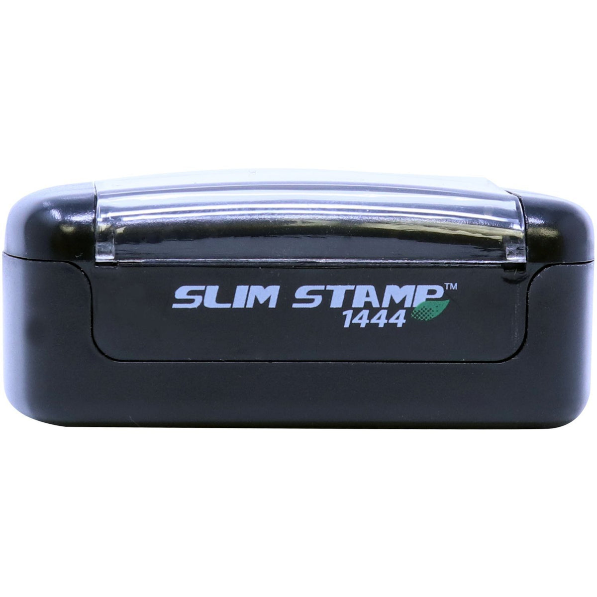 Slim Stamp 1444 self-inking stamp close-up showing logo, for quick custom imprinting on documents.