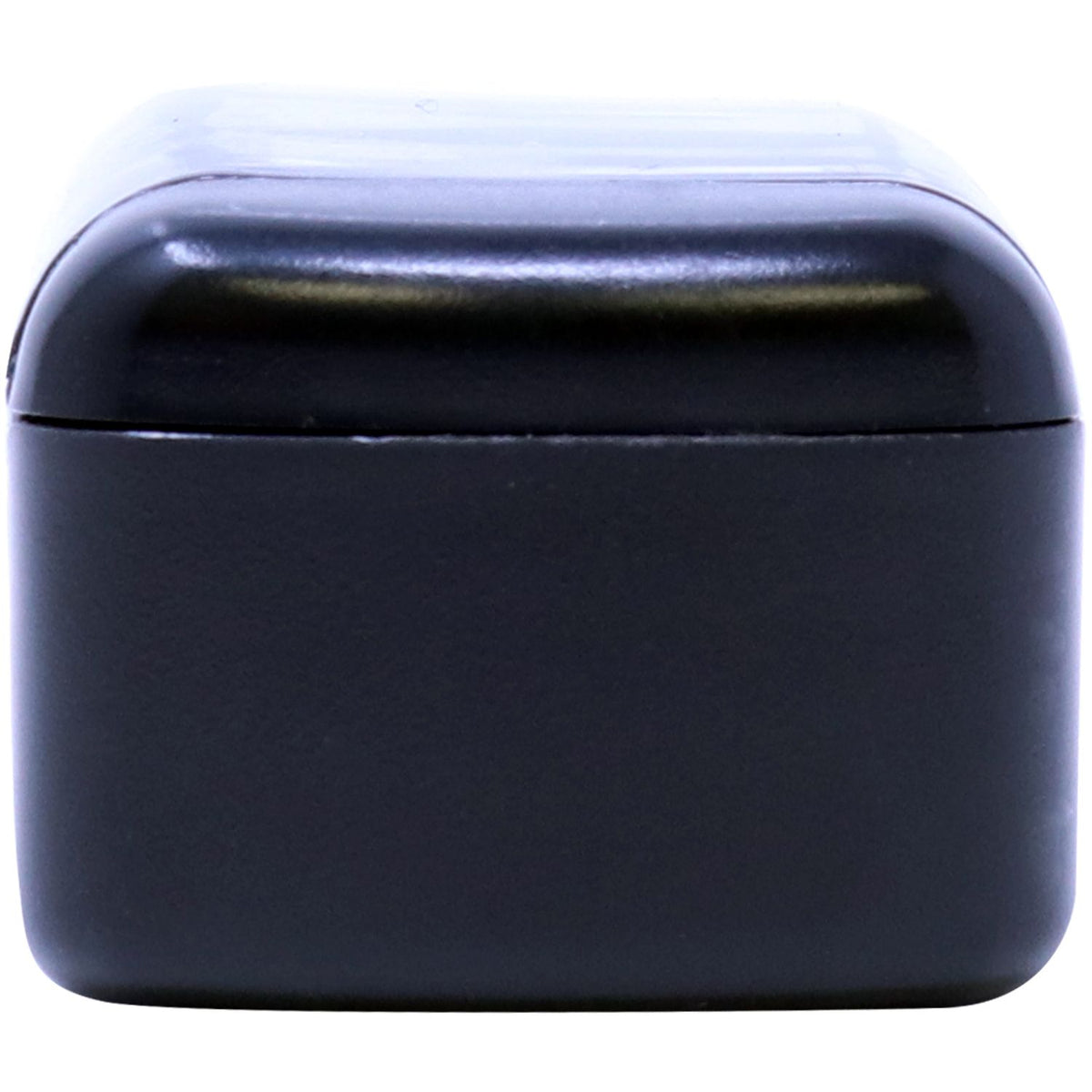 Black wireless earbuds charging case on a white background
