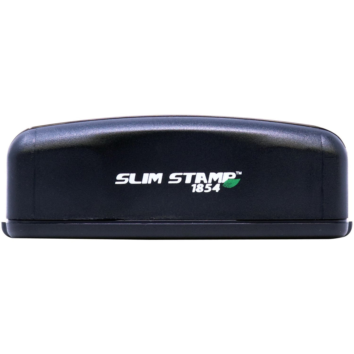 Black Slim Stamp 1854 compact self-inking office stamp on white background