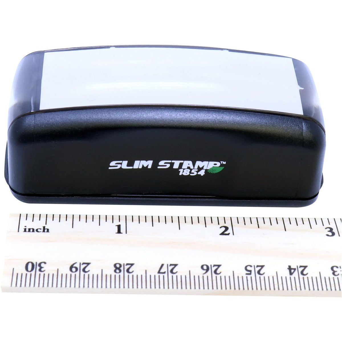 Slim Stamp 1854 pocket stamp shown with measuring ruler for size and packaging dimensions