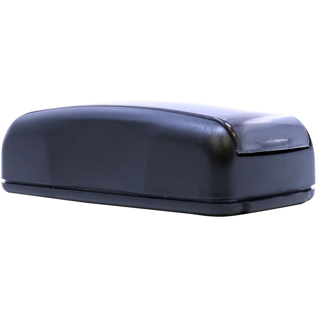 Dark gray car key fob for keyless entry, isolated front view of the remote transmitter housing.