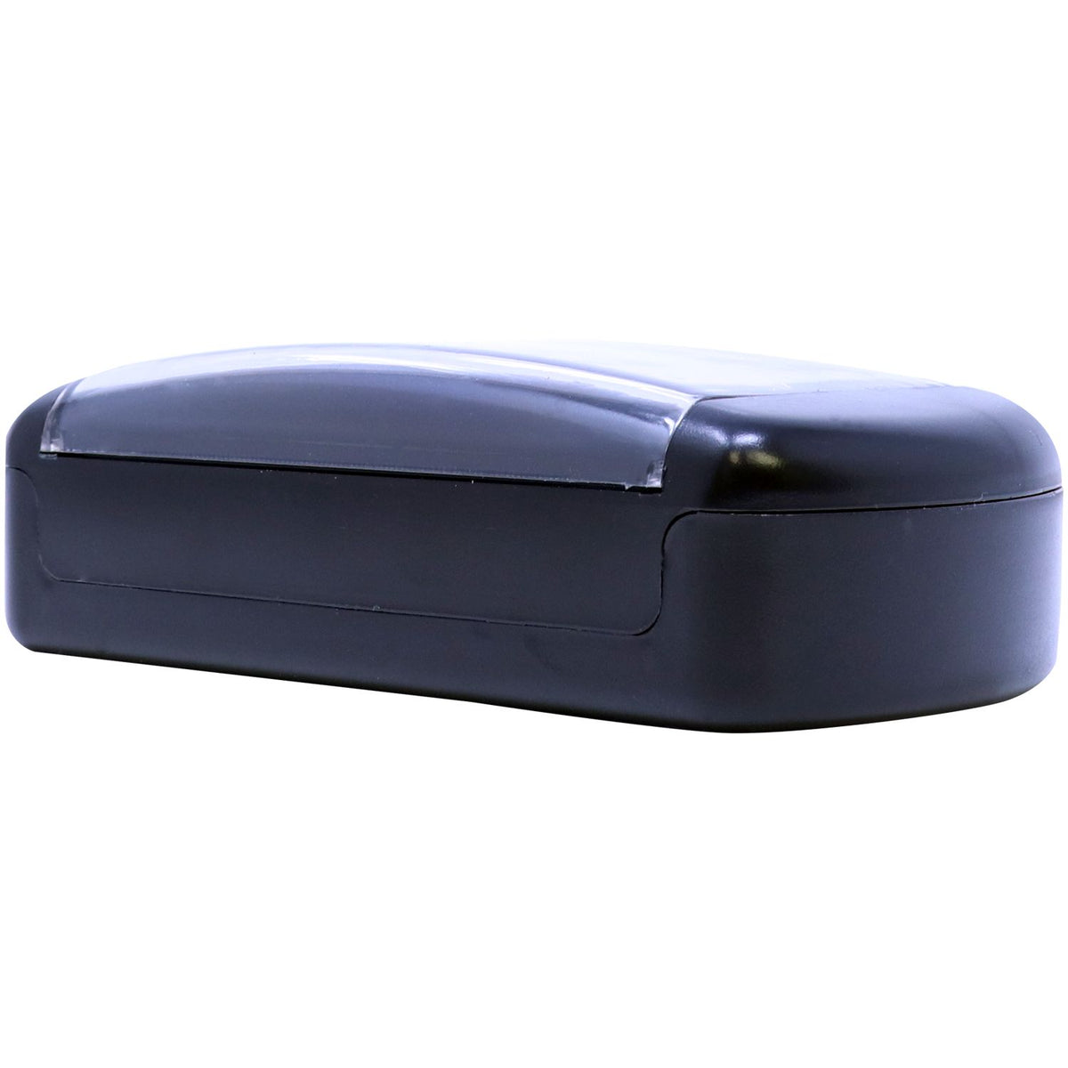 Black compact label printer with transparent lid on a white background