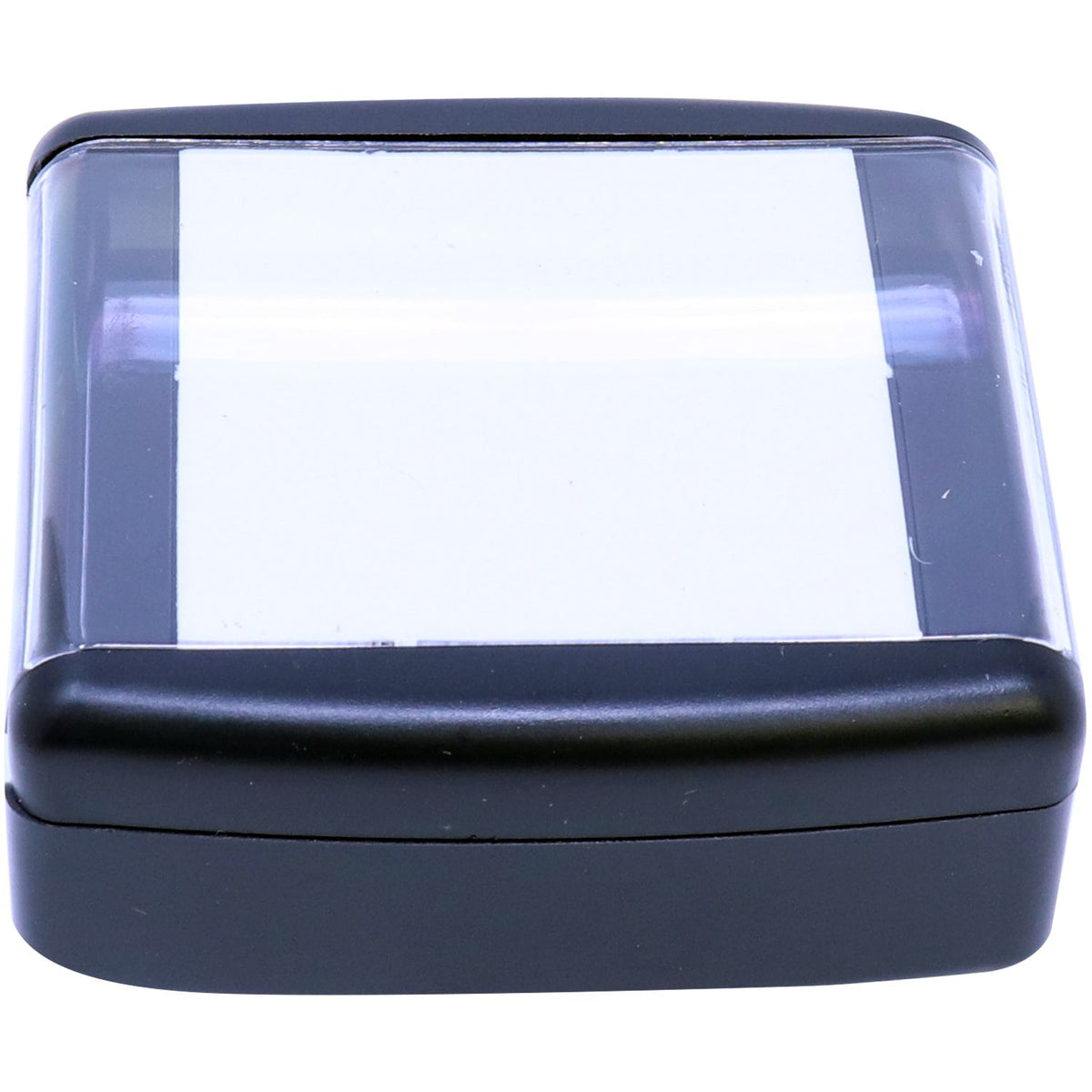 Close-up of a black protective case with a clear transparent lid, showing product design and cover protection.