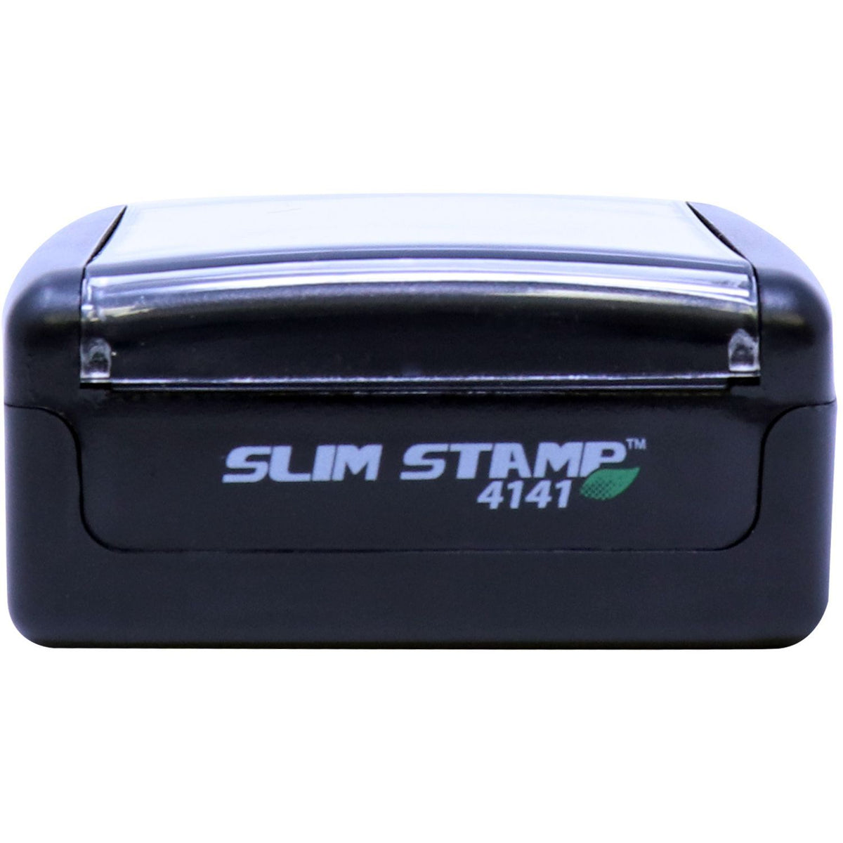 Slim Stamp 4141 self-inking stamp front view with logo, designed for quick professional document marking