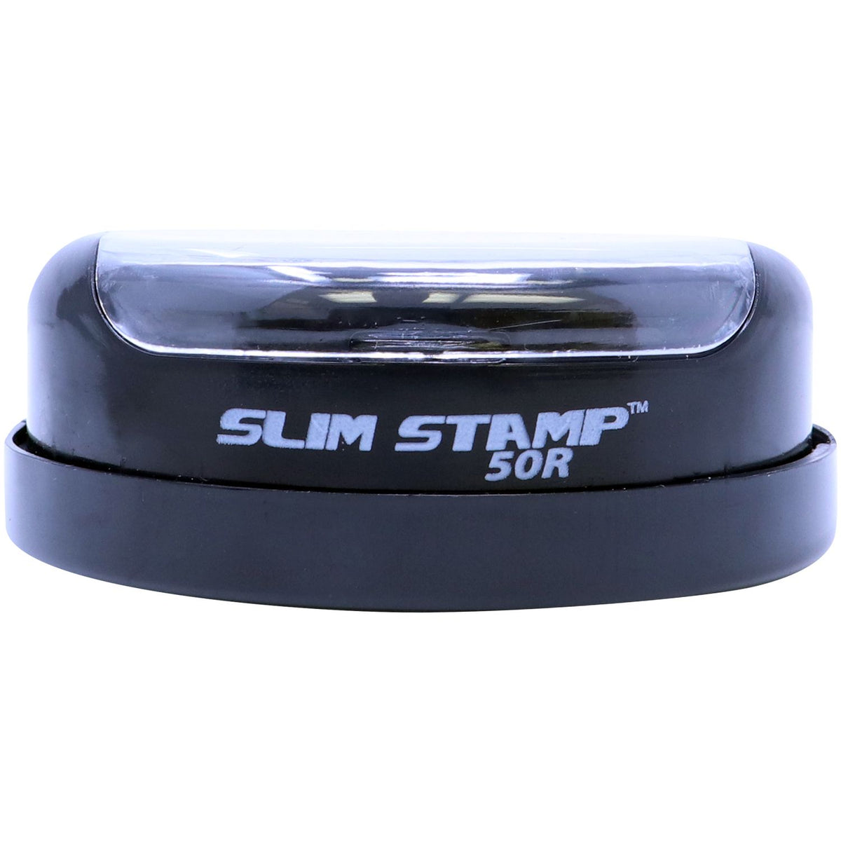 Close-up of SLIM STAMP 50R branded stamp for labeling, marking packages, and quick document identification