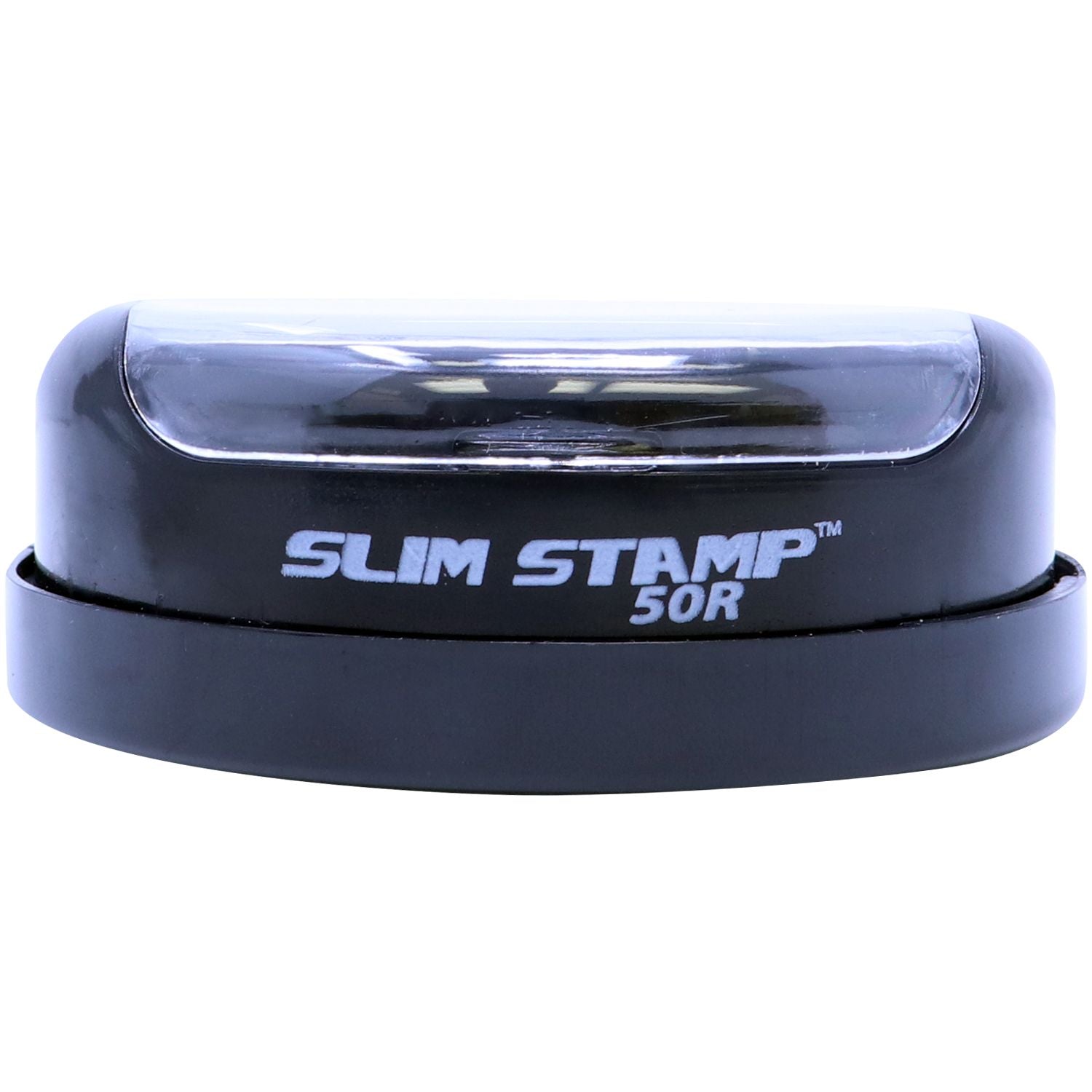 Slim Stamp 50R black self-inking stamp on white background
