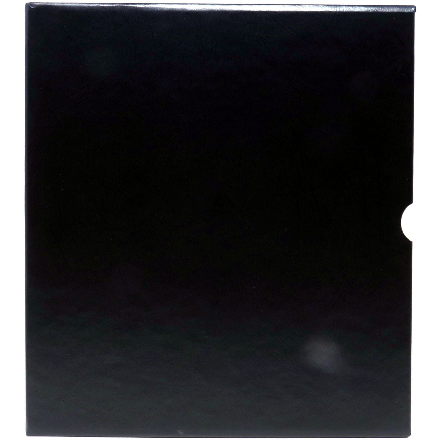 Black presentation box with thumb notch, minimal matte black packaging design