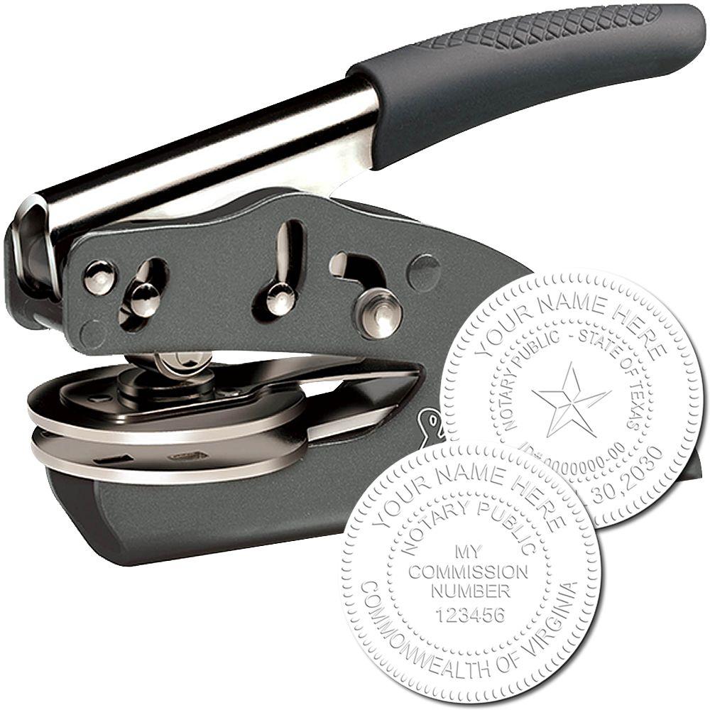 Custom self-inking notary stamp embosser with personalized state seal and commission number, black handle, office stationery tool