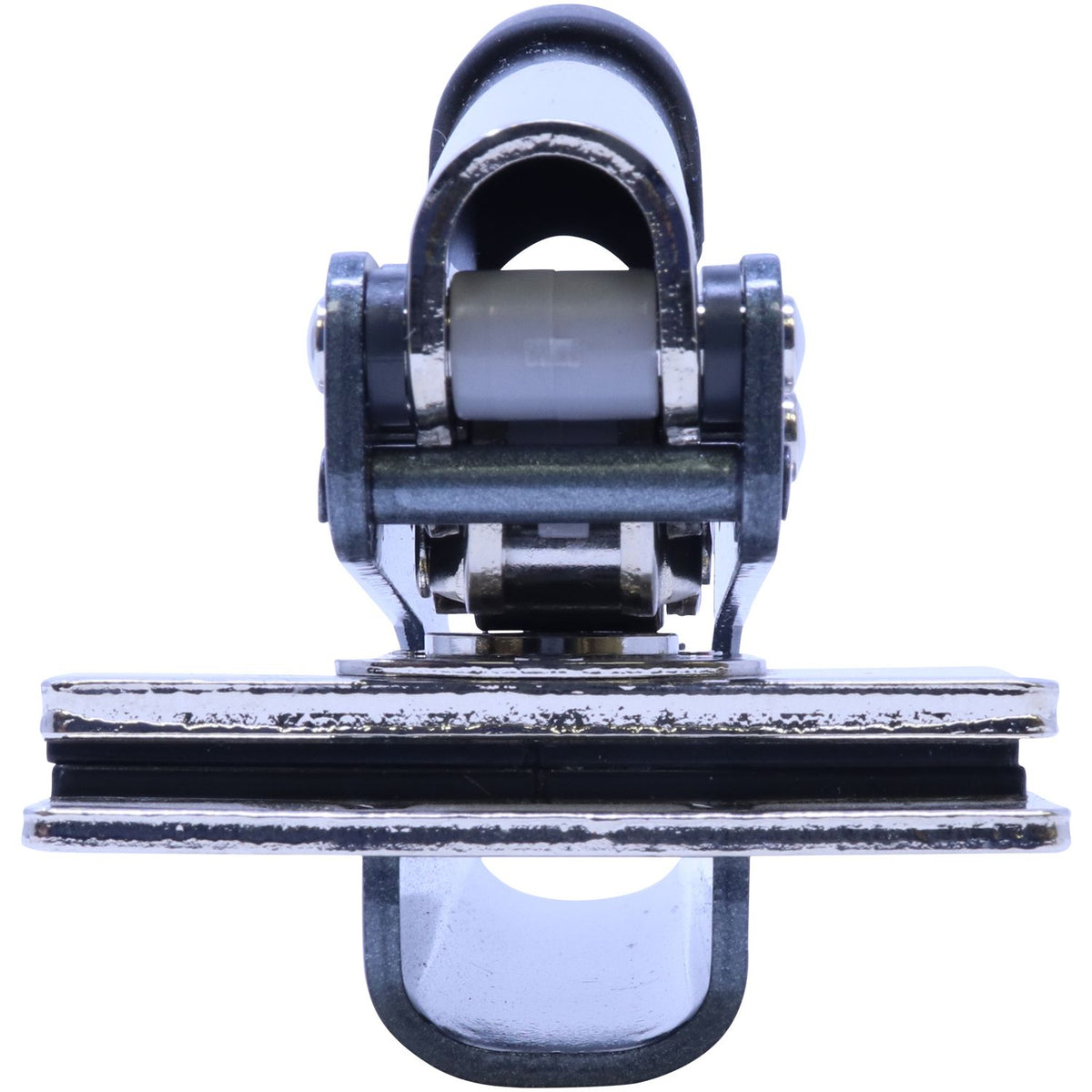 Stainless steel marine hardware roller block with mounting bracket, isolated on white background