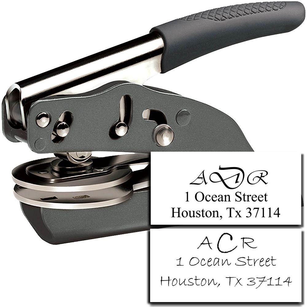 Custom address embosser stamp for embossed envelopes and stationery, with sample personalized text impressions.