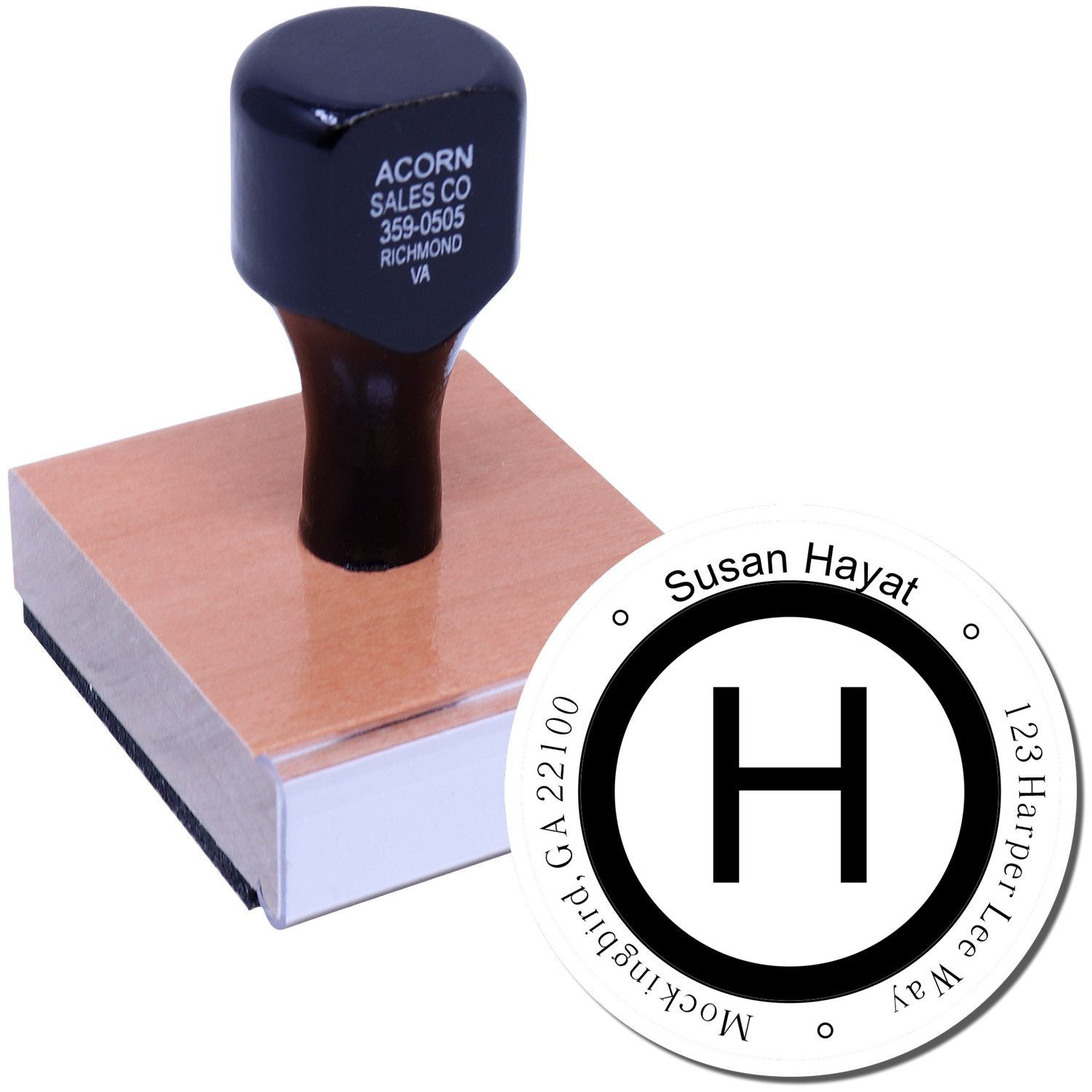 Personalized Susan Hayat rubber stamp with Acorn Sales Co mark on wooden handle for imprinting documents and crafts