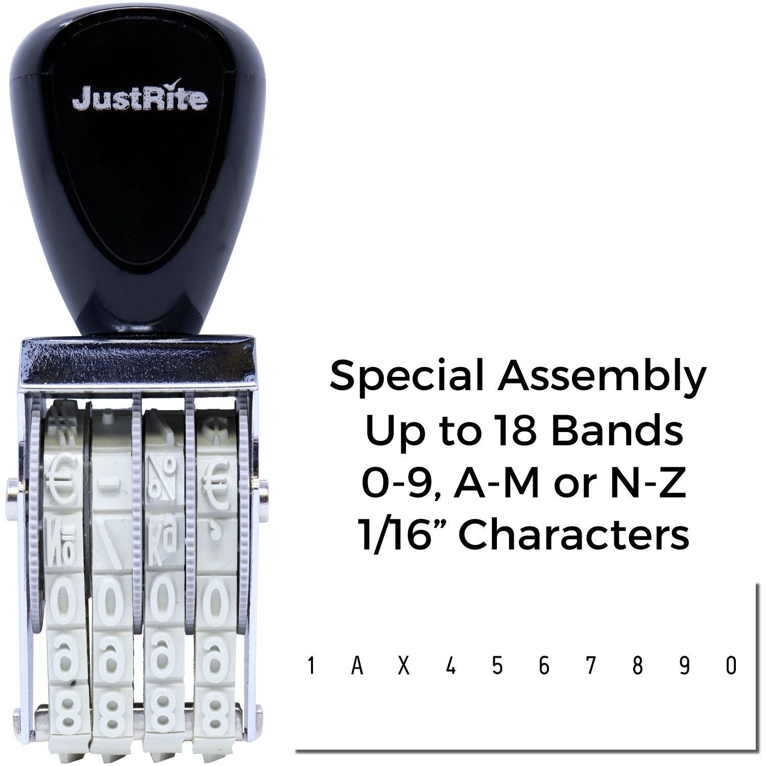 JustRite special assembly self-inking stamp with up to 18 bands, 1/16-inch characters, and custom numbers and letters.