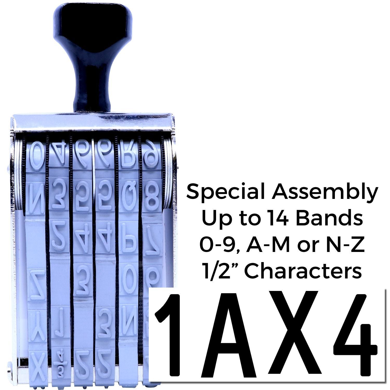 Adjustable 14-band alphanumeric stamp with 1/2-inch characters, featuring custom date and code settings for office and industrial use.