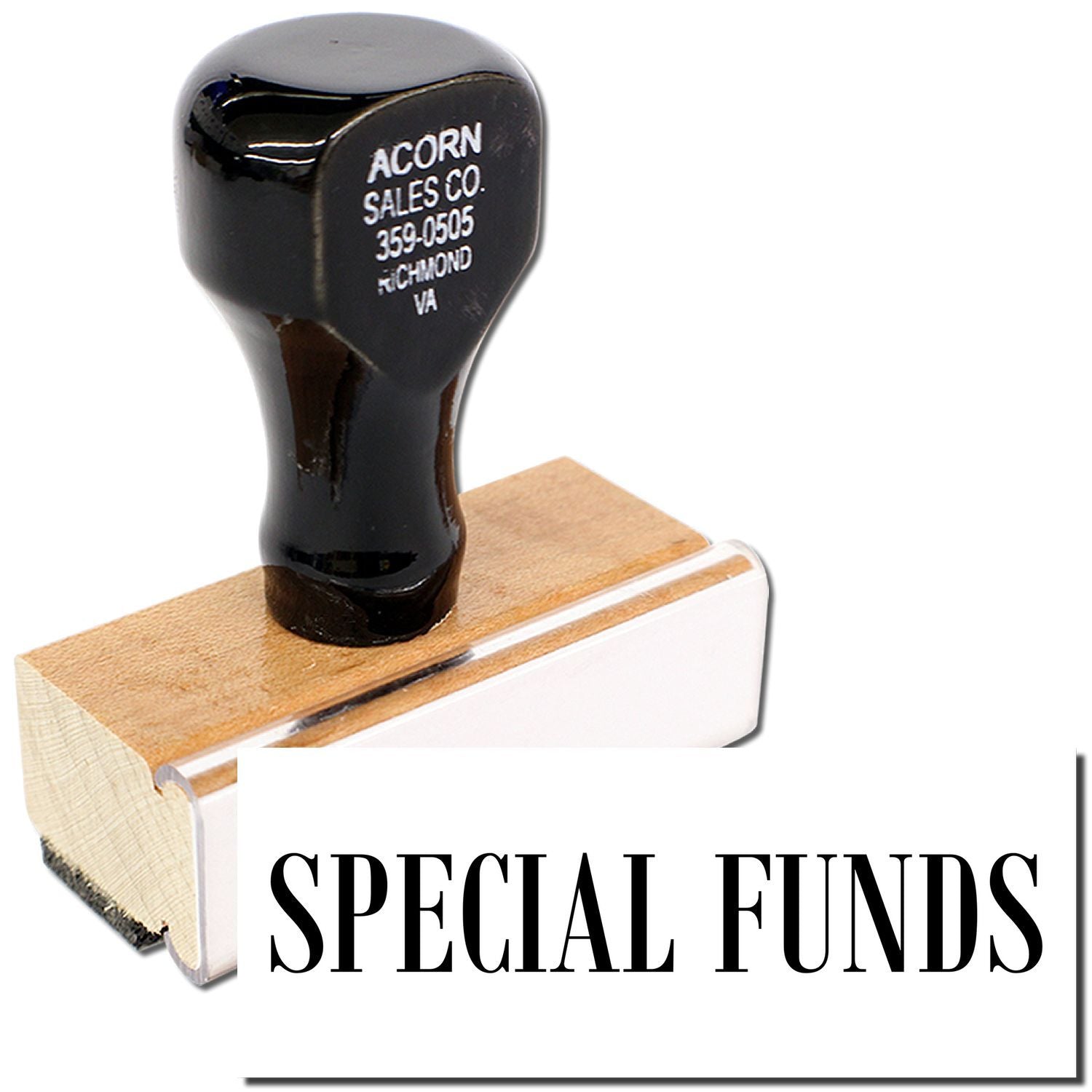 Special Funds rubber stamp with black handle on wooden base for office and accounting use