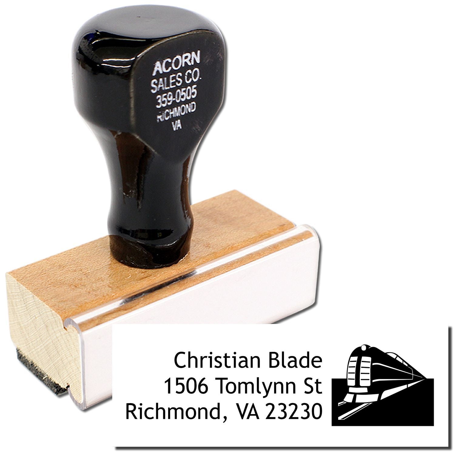 Custom return address rubber stamp for Christian Blade, Richmond, VA 23230, with train logo.