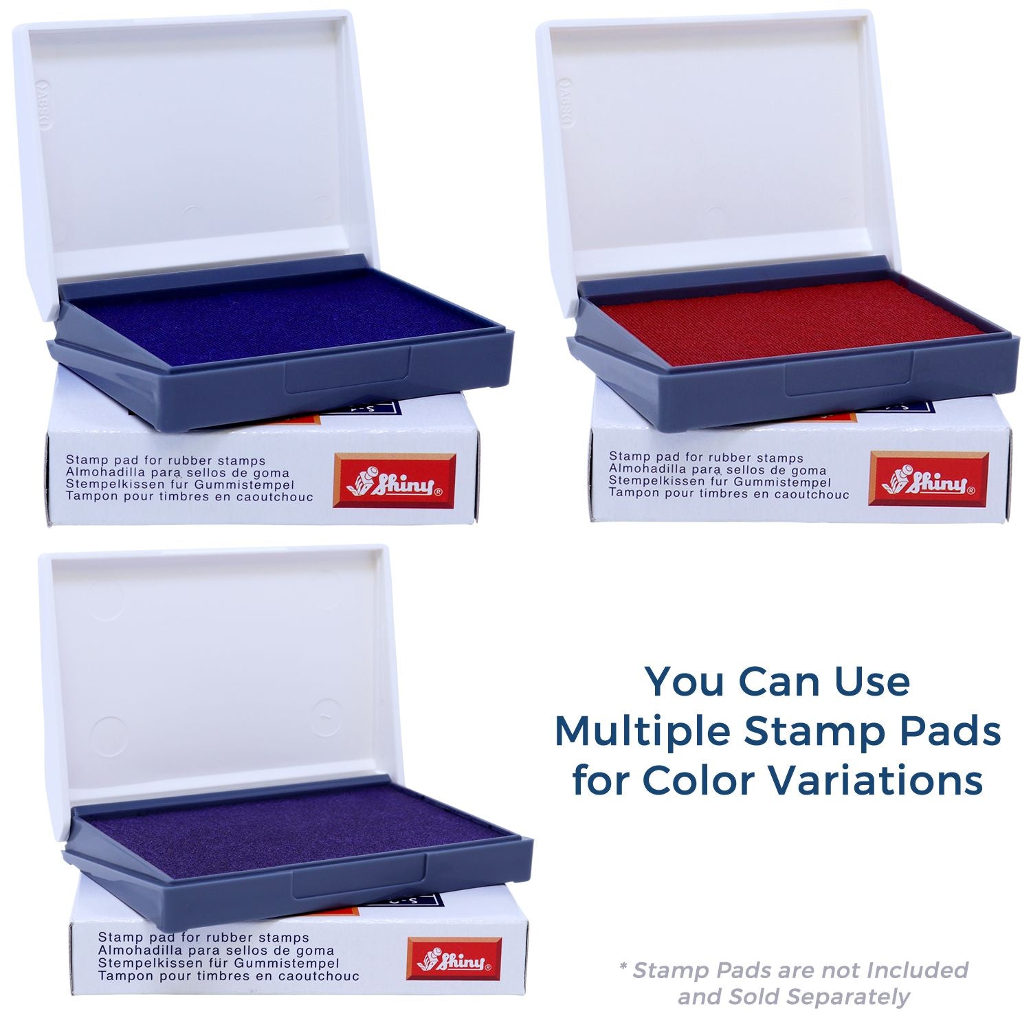 Three colorful rubber stamp ink pads for color variations, ideal for stamp projects in blue, red, and purple.