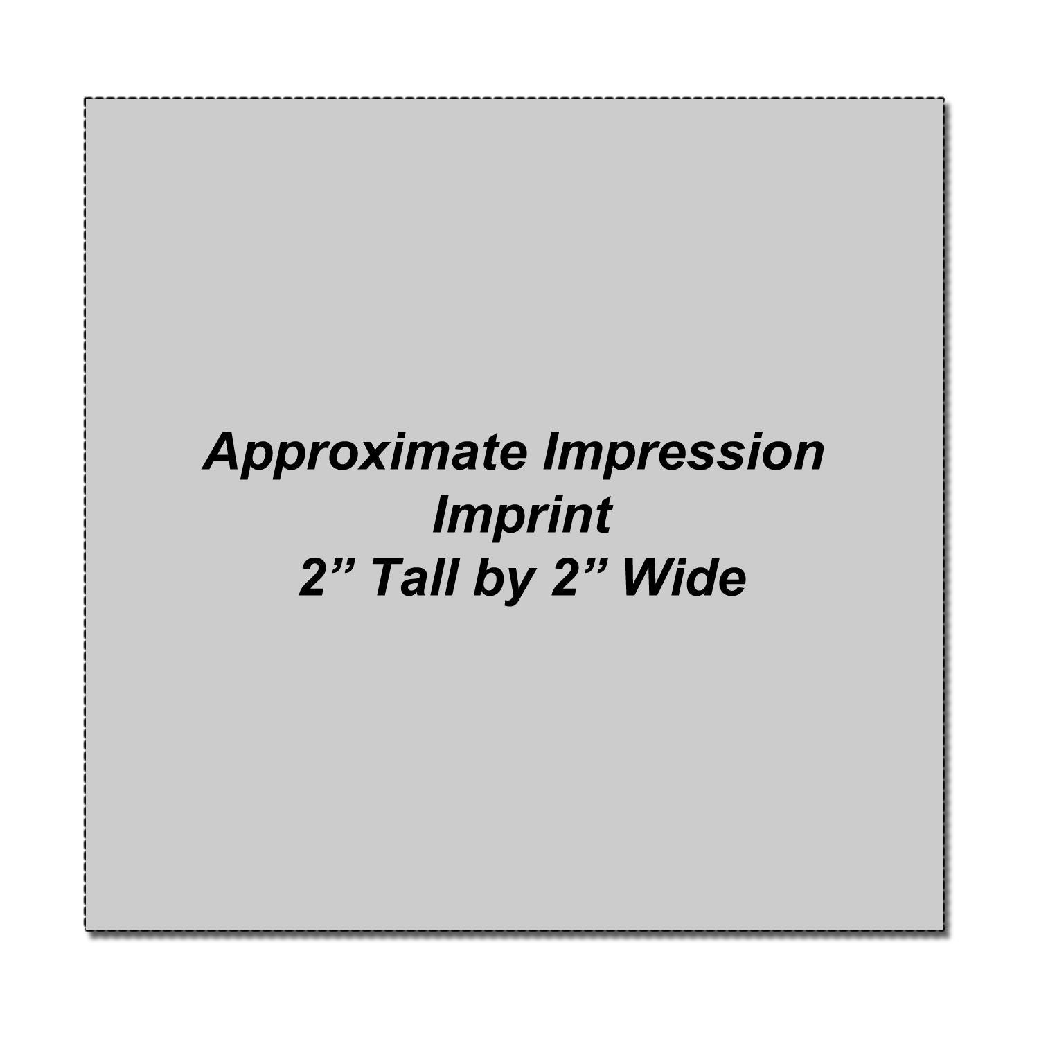 Gray square product imprint template showing Approximate Impression Imprint 2 Tall by 2 Wide centered on a plain white background.