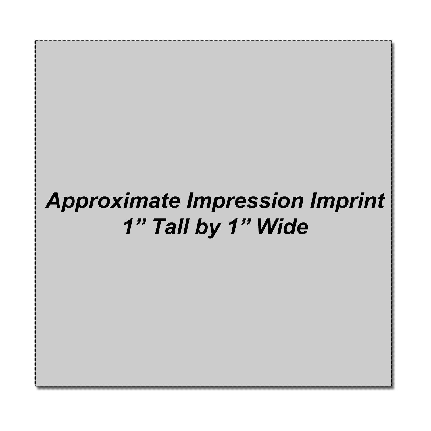 Approximate 1x1 inch imprint size preview on gray background with size text.