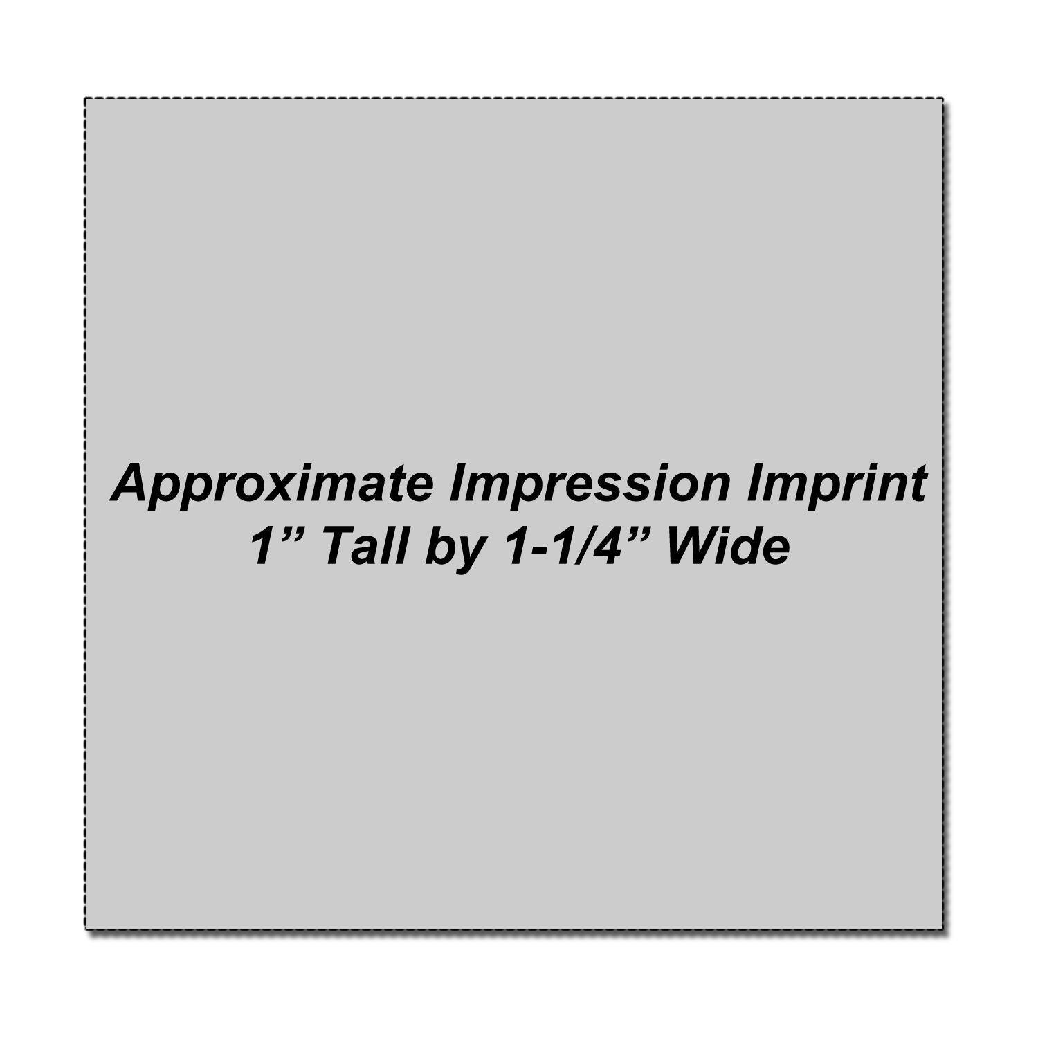 Gray product imprint template showing approximate impression size, 1 inch tall by 1-1/4 inch wide.
