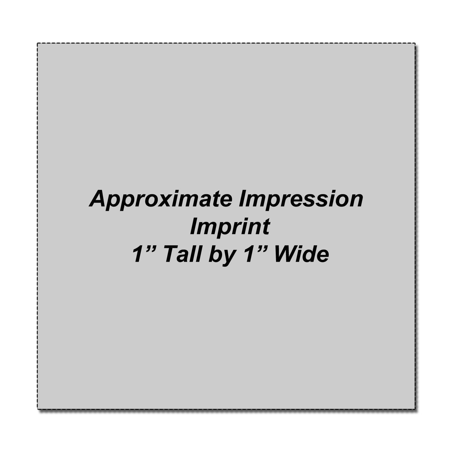 Gray square sample showing Approximate Impression Imprint text, 1 inch tall by 1 inch wide custom imprint size.