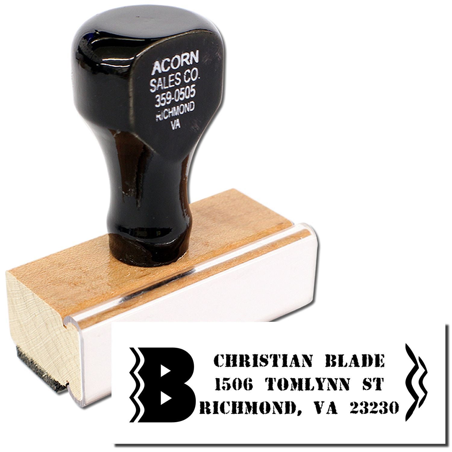 Custom address rubber stamp with stylized B for Christian Blade, Richmond, VA 23230