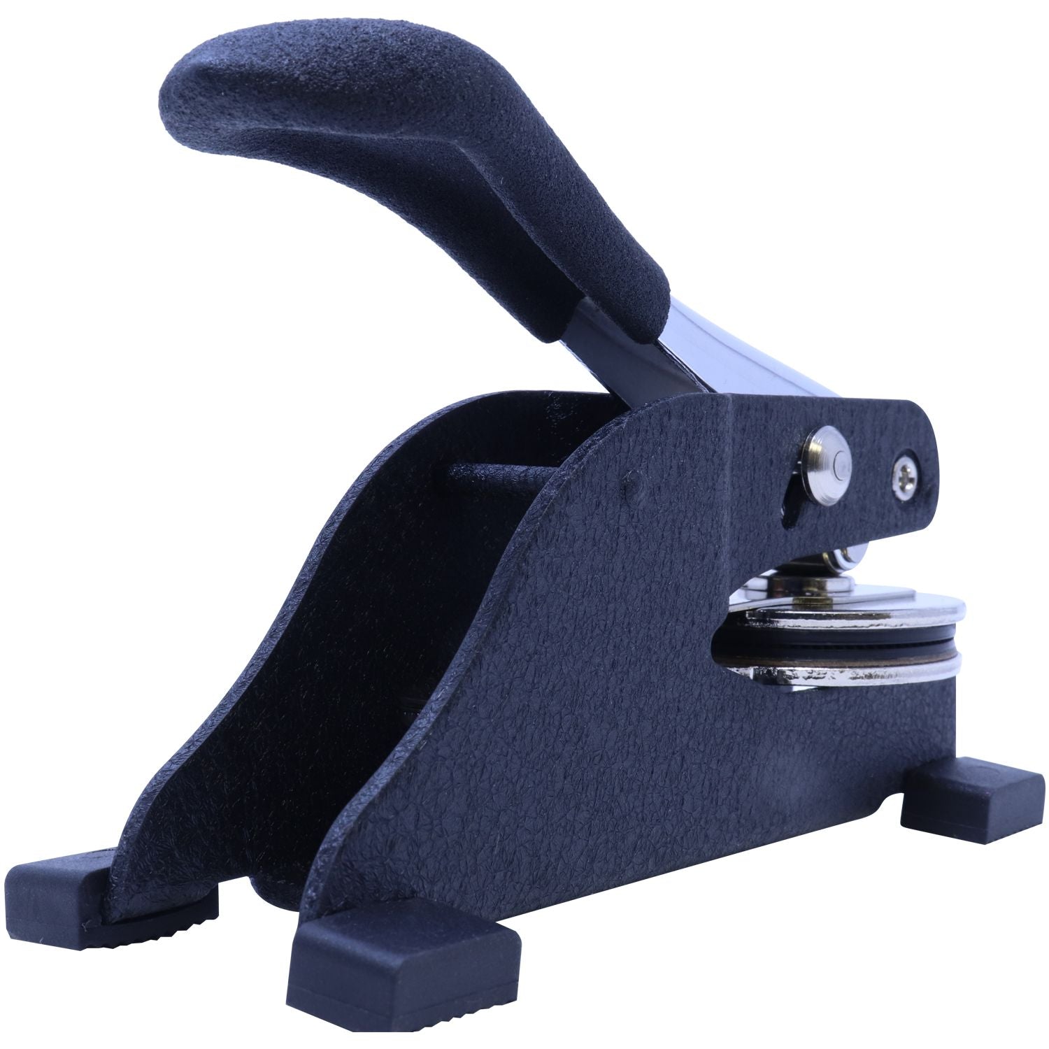 Black handheld paper embosser stamp seal press with lever handle, heavy-duty desktop embossing tool on white background