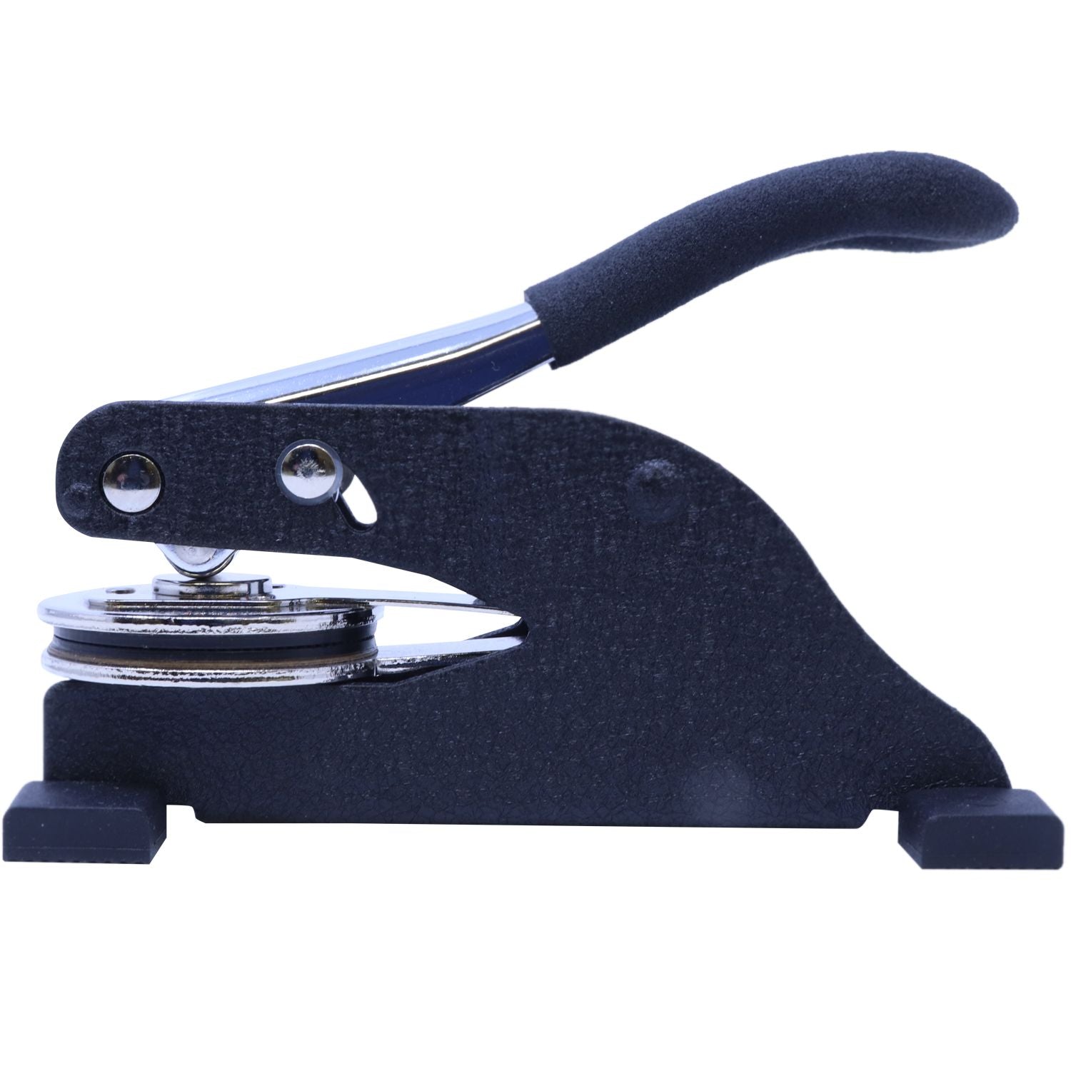 Black manual button badge press machine with lever handle and circular die on white background
