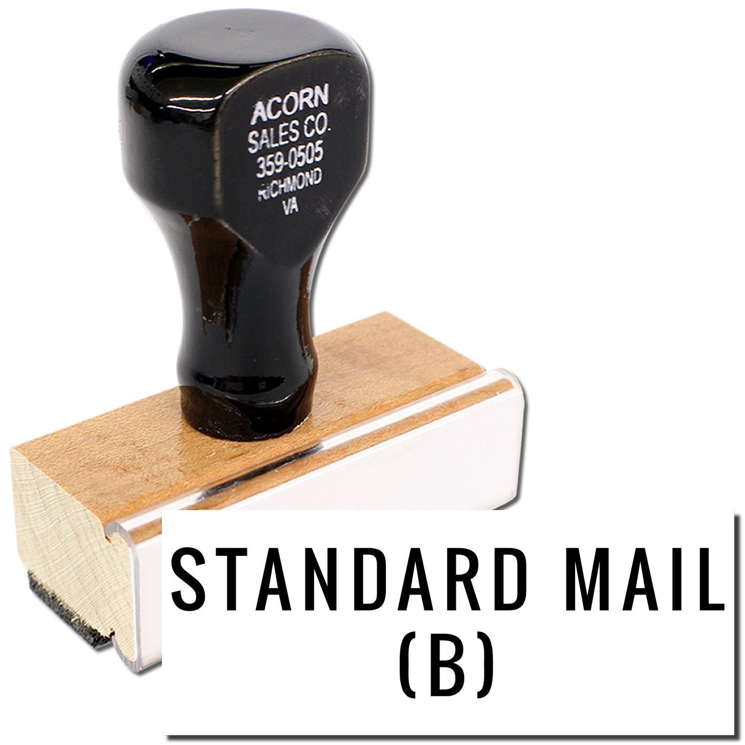 Black custom rubber stamp with STANDARD MAIL (B) on a wooden handle, isolated on white background.