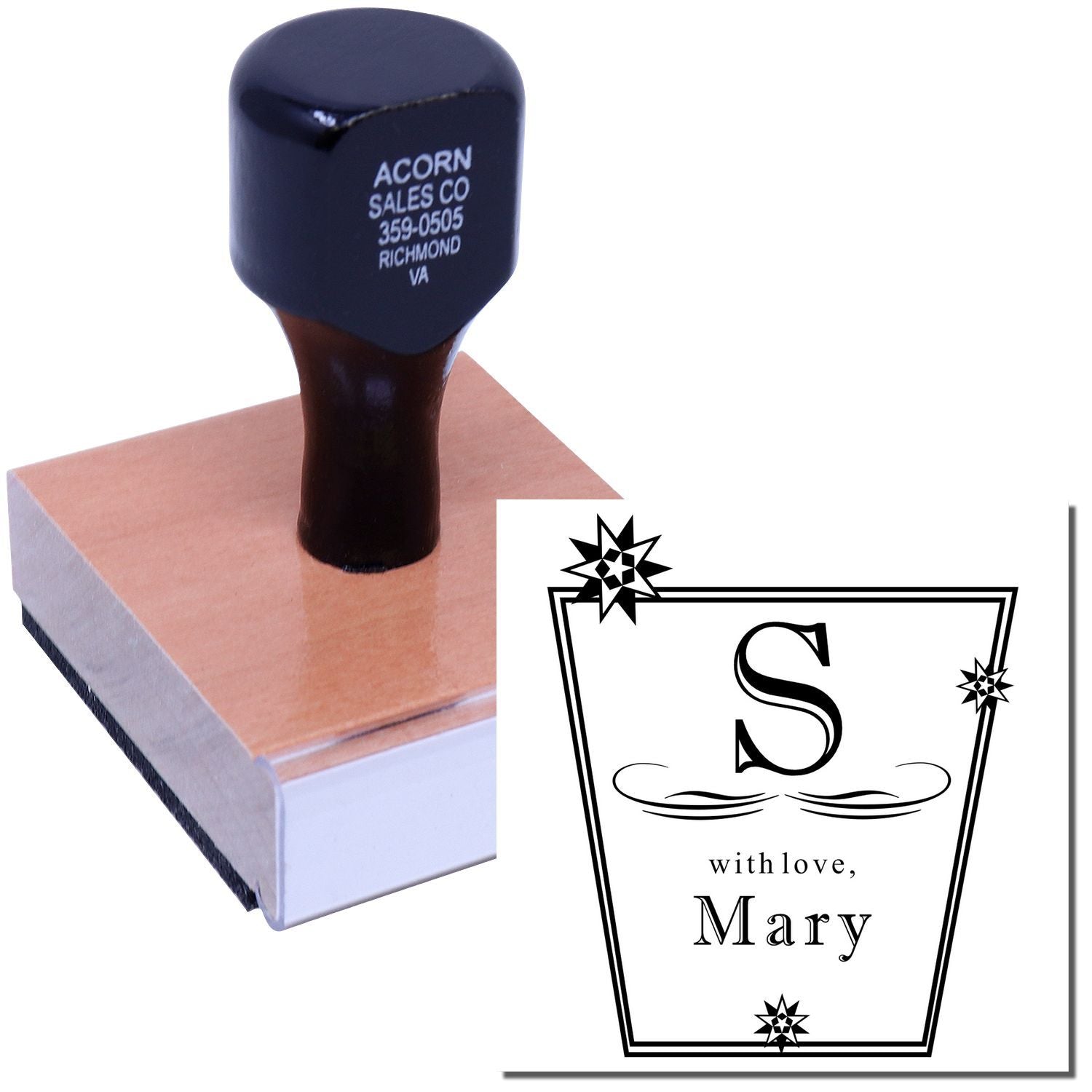 Personalized rubber stamp imprint for Mary with love, featuring letter S and Acorn Sales Co branding, Richmond VA.
