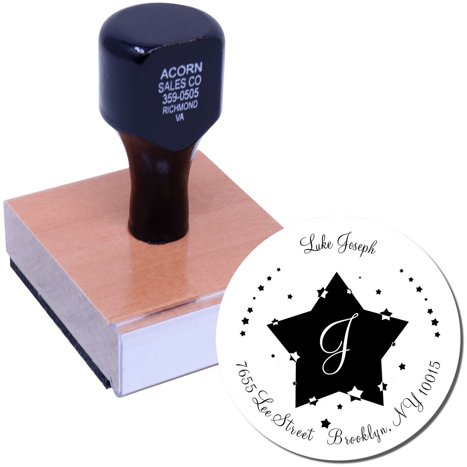 Custom address stamp for Luke Joseph logo from Acorn Sales Co, creating reusable mailing marks for My Street, Brooklyn.