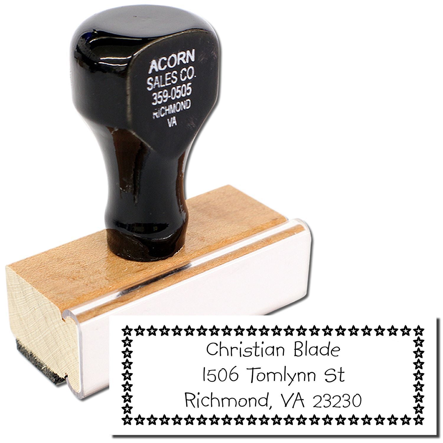Custom address rubber stamp with star border for Christian Blade, Richmond, VA 23230