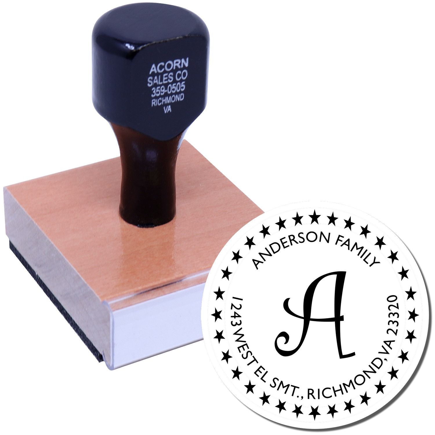 Custom rubber address stamp for Anderson Family with Acorn Sales Co Richmond VA label and 1243 NESTELL ST details.