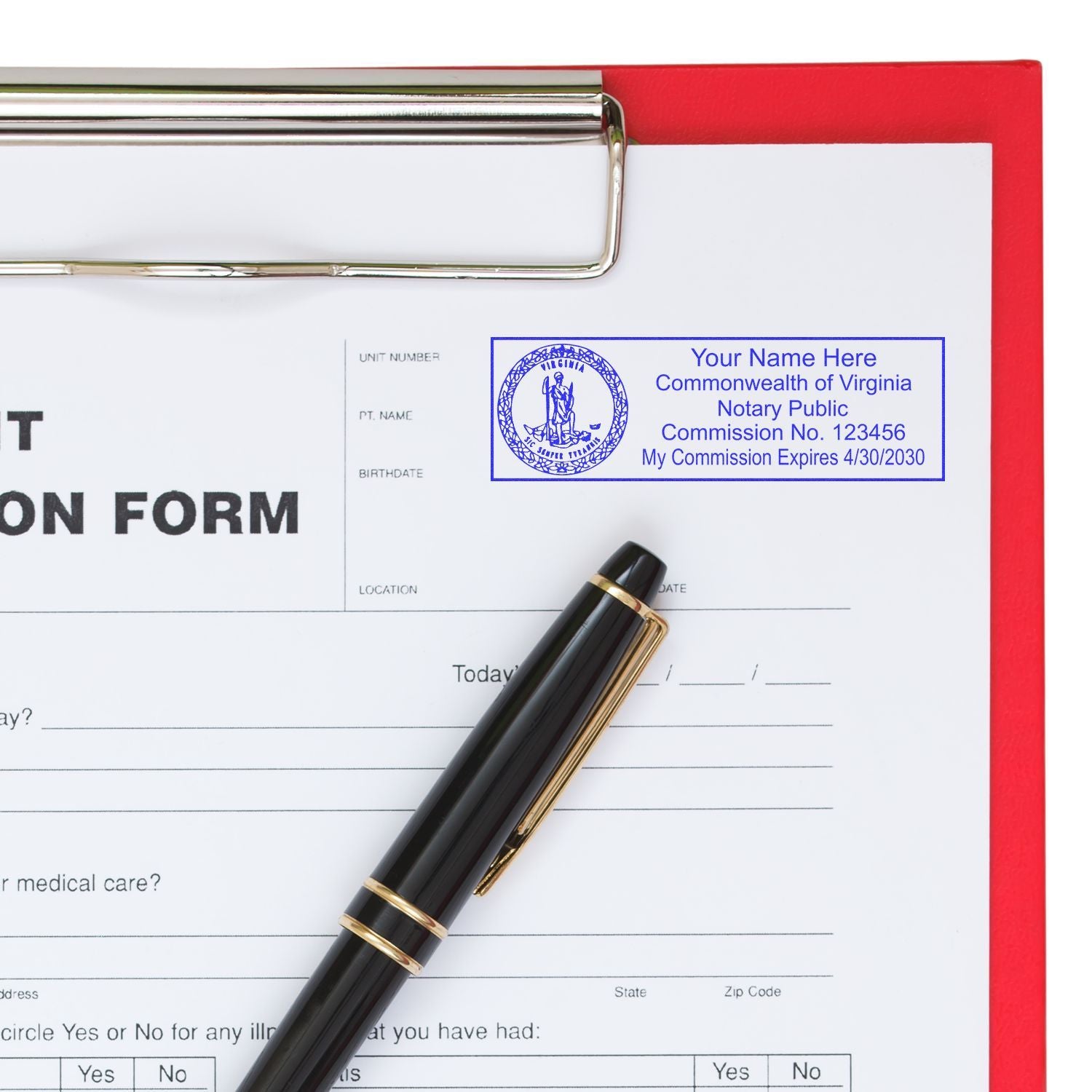 Clipboard with medical form, pen, and Virginia notary public stamp on document.