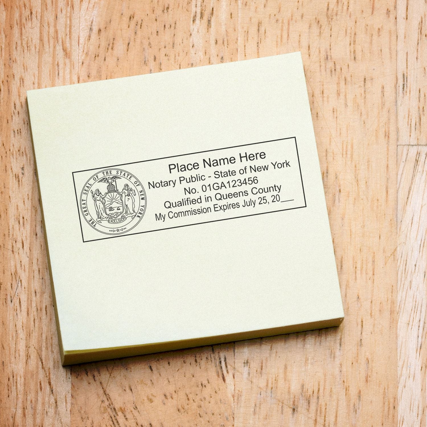 New York notary public seal stamp on legal document paper on wooden background