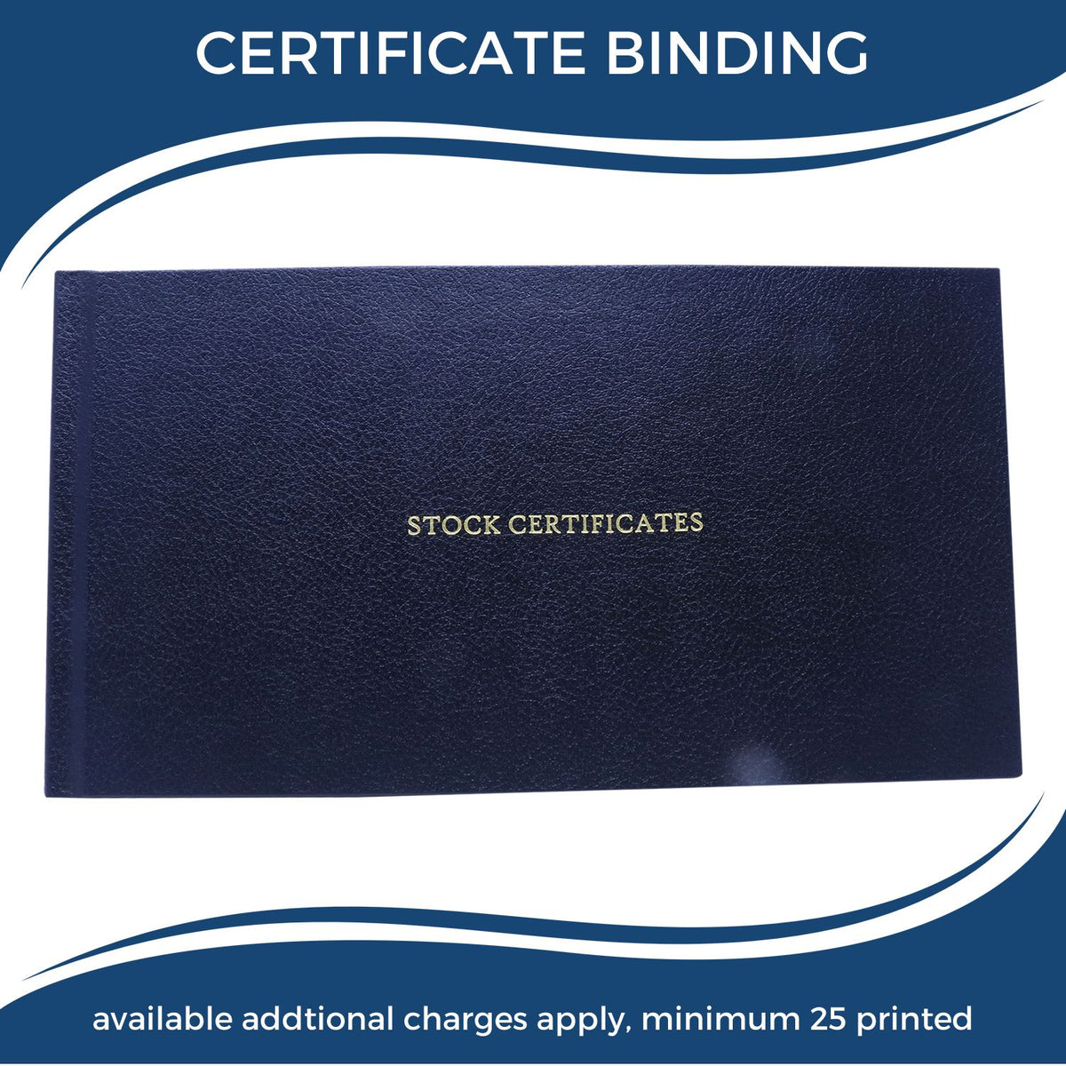 Certificate binding service featuring a navy stock certificates binder cover for organized stock certificate documents and printing.