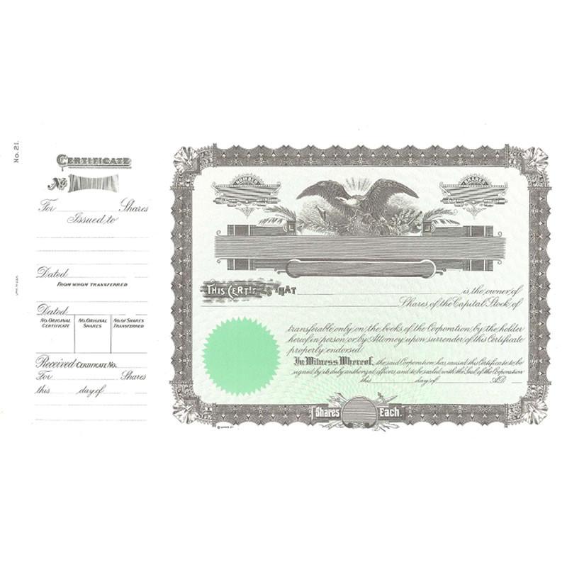 Ornate share certificate document labeled Certified with decorative border, issued shares and transfer terms for corporate stock records