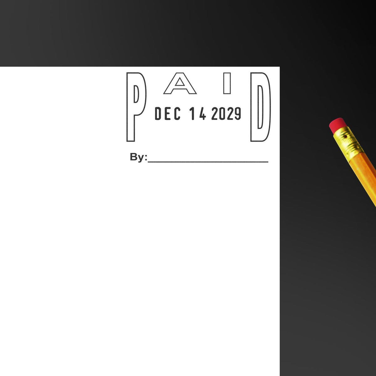 Paid stamp on document dated Dec 14, 2029 with signature line and pencil on dark background