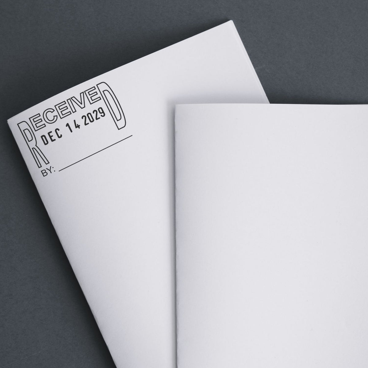 White document stamped Received Dec 14, 2029 on a dark background, showing paperwork receipt confirmation.