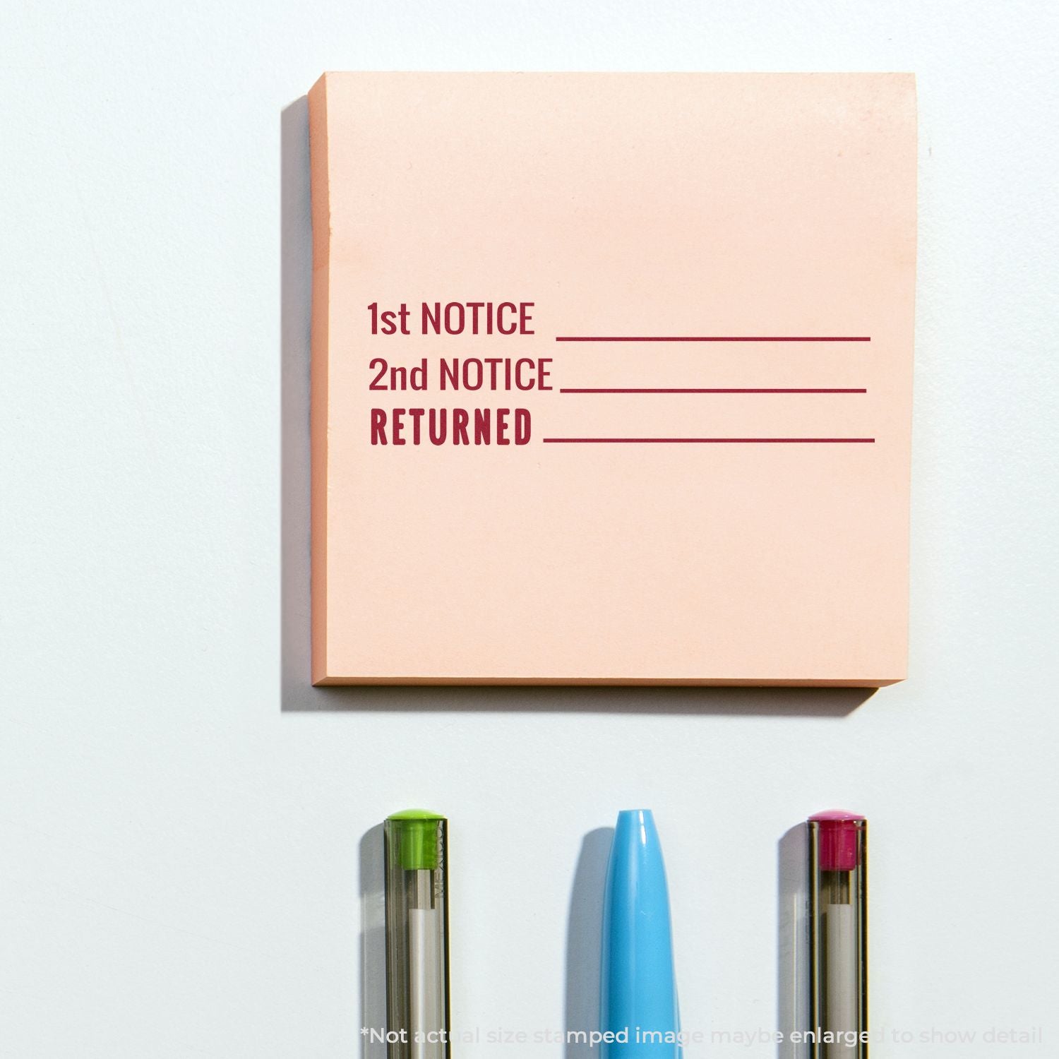 Pink self-inking office stamp with 1st Notice, 2nd Notice, and Returned text for mail processing and return address labeling