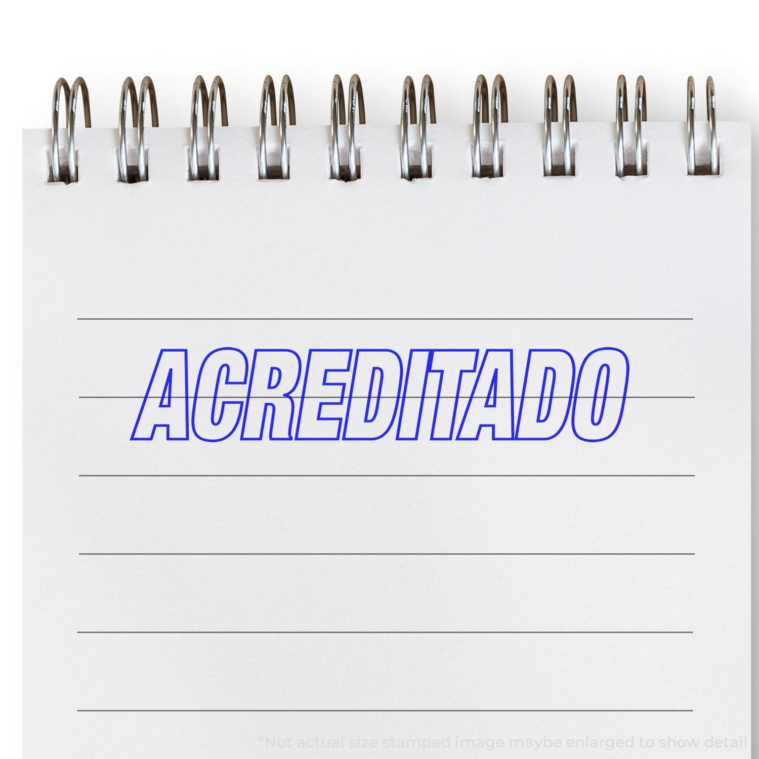 Spiral notebook page with ACREDITADO stamped in blue outline text on a lined paper background.