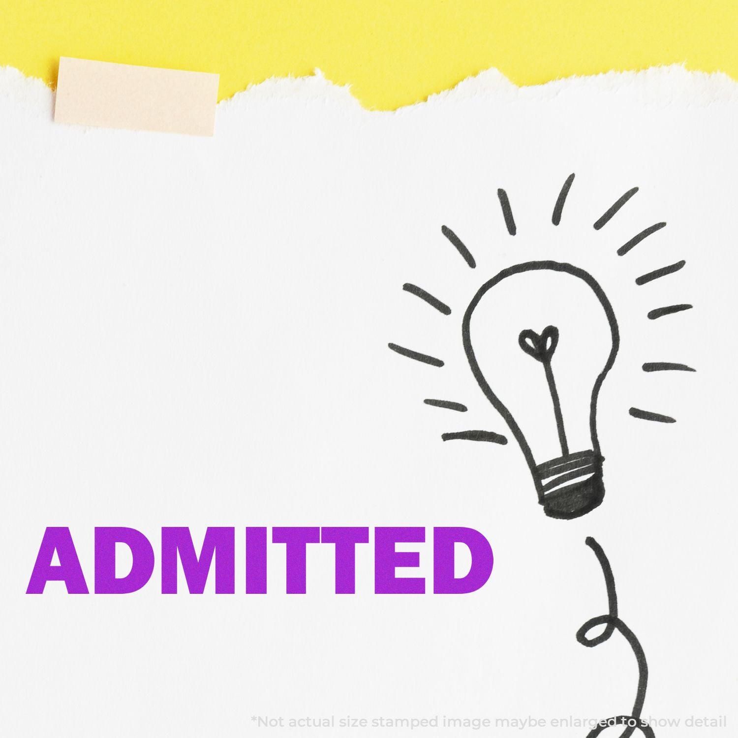ADMITTED purple text with hand-drawn light bulb and heart, creative education or admission concept on white and yellow background.