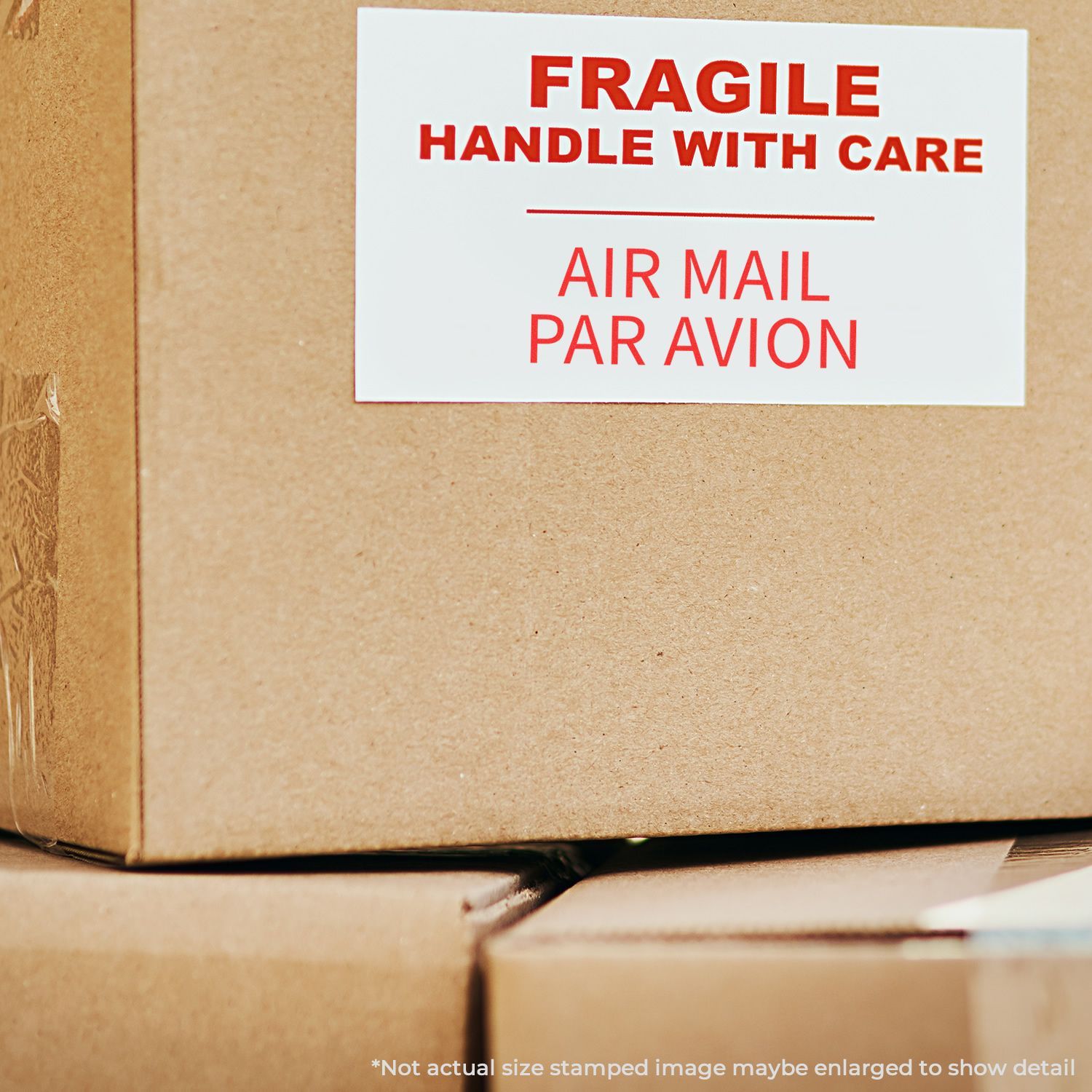 Fragile Handle with Care Air Mail shipping label on cardboard package for careful air transport delivery.