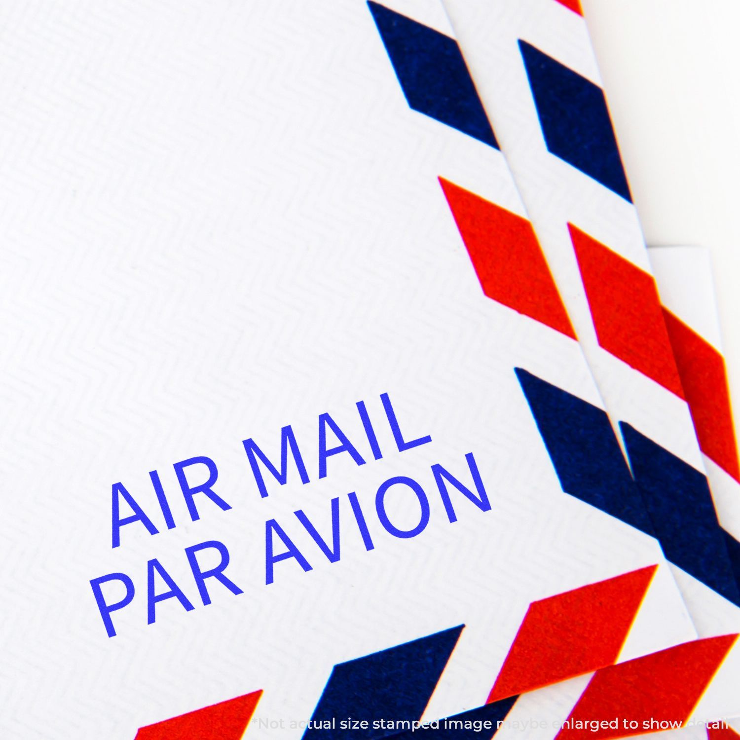Air mail postage stamp design with AIR MAIL and PAR AVION text, featuring red and blue airline arrow graphics.