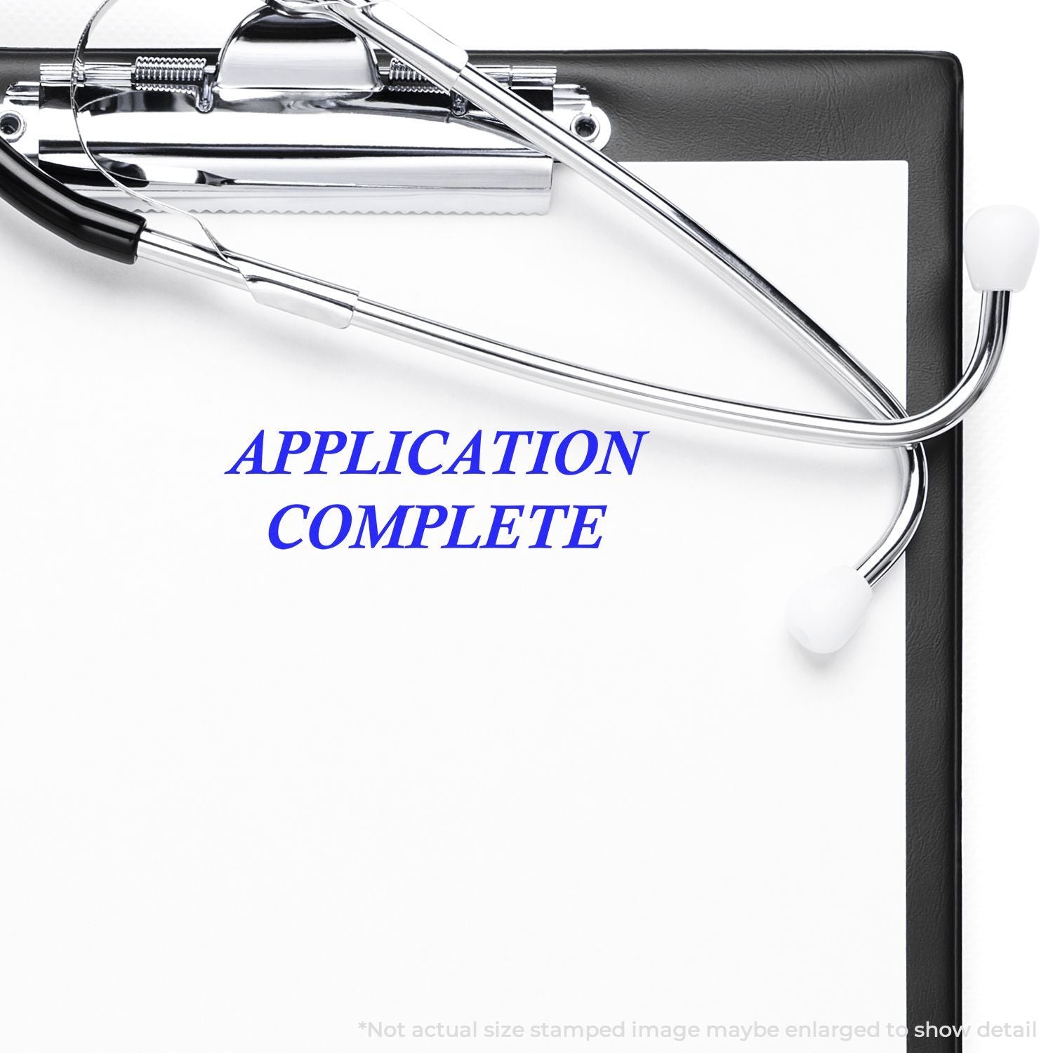 Application complete with medical stethoscope on clipboard, highlighting healthcare form submission and approval confirmation status